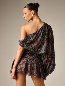 AiiRZ Paisley Print One-Shoulder Mini Dress With Batwing Sleeve Ruched Waist Chiffon Flowy Boho Summer Party Night Out Style - Multicolor - View 2
