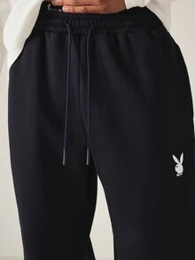 PLAYBOY X SUMWON Bunny Logo Fleece Sweatpants Relaxed Fit Elastic Ankle Cuff Drawstring Waist Cozy Fall Winter Lounge Pants - Navy Blue - View 6