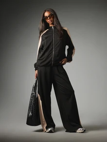 MISSGUIDED Color Block Full-Zip Track Top And Wide-Leg Pants Co-Ord Set With Contrast Beige Side Panels And Elasticated Cuffs - Black - View 1