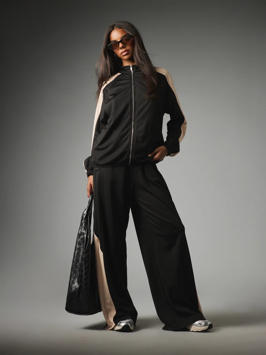 MISSGUIDED Color Block Full-Zip Track Top And Wide-Leg Pants Co-Ord Set With Contrast Beige Side Panels And Elasticated Cuffs - Black - View 1