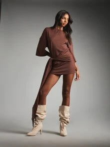 MISSGUIDED Chocolate Brown T-Shirt Mini Dress With Bell Sleeves Cinched Tie Waist Detail Crew Neck Ruched Bodycon Skirt Fall Winter Party - Brown - View 3