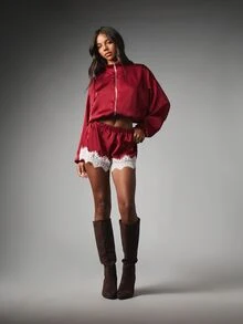 MISSGUIDED Satin Co-Ord Set Cropped Zip Neck Puff Sleeve Jacket And Lace Trim Mini Shorts Two Piece Luxury Loungewear Holiday Party Outfit - Red - View 3