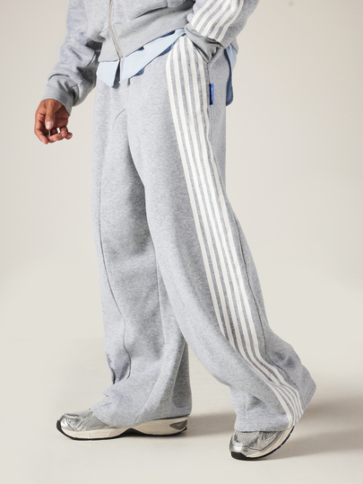 SUMWON Szerokie spodnie dresowe z bocznymi paskami, wiązaniem w pasie, z polaru, joggery casual na co dzień, wygodny krój, jesień/zima