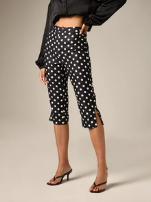 AiiRZ Polka Dot Cropped Capri Pants With Side Split Hem And Mid Rise Waist Retro Summer Style Casual Trousers - Black and White - View 1
