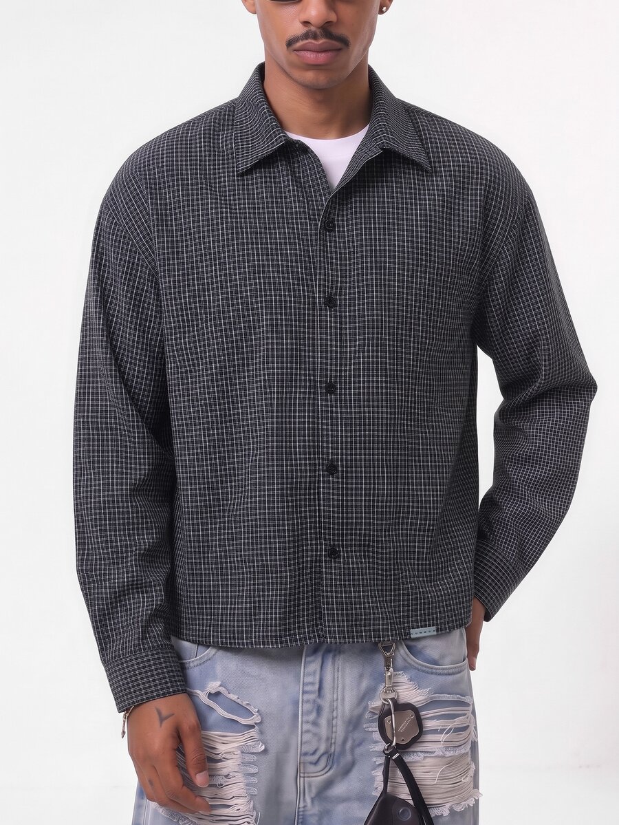 SUMWON Mens Oversized Long Sleeve Checked Plaid Button Front Collared Shirt Overshirt Fall Winter Casual Streetwear - Black and White - View 1