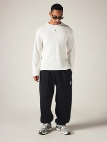 PLAYBOY X SUMWON Bunny Logo Fleece Sweatpants Relaxed Fit Elastic Ankle Cuff Drawstring Waist Cozy Fall Winter Lounge Pants - Navy Blue - View 3