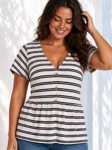 ELLERISSA Plus Size Apricot Navy Stripe V Neck Button Front Peplum T-Shirt - Apricot - View 3