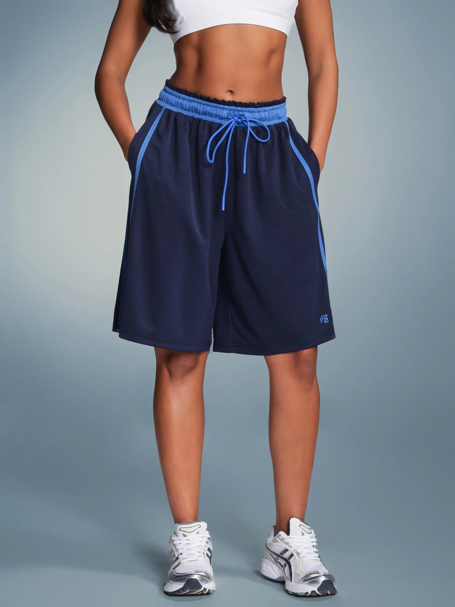 11SKNDS Loose Fit Bermuda Shorts With Contrast Piping Side Pockets Elastic Drawstring Waist Knee Length Summer Casual Style - Multicolor - View 1