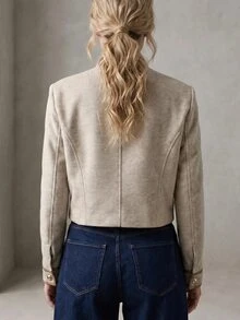 Rouah Women's Stand Collar Military Style Long Sleeve Button Front Jacket - Autumn Jacket, Winter Jacket, Jacket For Summer Nights, Felt Textured Jacket, Military Style Jacket - Apricot - View 2