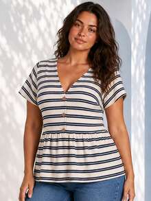 ELLERISSA Plus Size Apricot Navy Stripe V Neck Button Front Peplum T-Shirt - Apricot - View 1