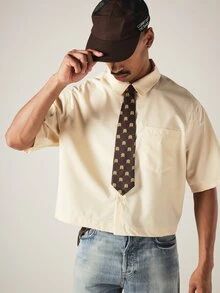 SUMWON Short Sleeve Cropped Button-Up Shirt With Point Collar And Chest Pocket In Smooth Woven Fabric Summer Essential - Khaki - View 1
