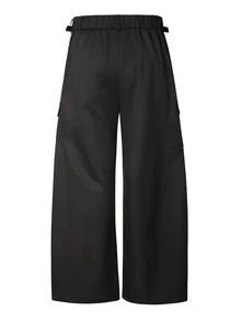 SUMWON Wide Leg Cargo Pants With Side Buckle Straps Flap Pockets And High Waist For Casual Everyday Streetwear Fall Winter - Black - View 2