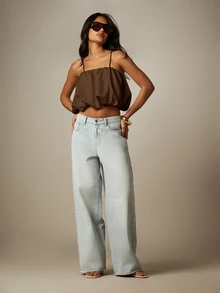 MISSGUIDED 泡泡下擺短版細肩帶背心上衣，抓皺領口，夏季音樂節度假風 - 棕色 - 查看 3