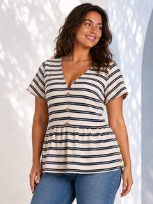 ELLERISSA Plus Size Apricot Navy Stripe V Neck Button Front Peplum T-Shirt - Apricot - View 5