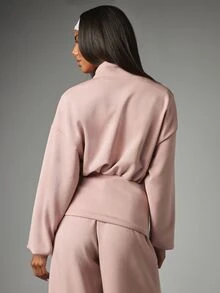 MISSGUIDED 全拉鍊短版運動衫，假領設計，寬鬆長袖，彈性下擺細節，春季休閒外套 - 藕粉色 - 查看 3