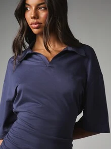 MISSGUIDED Polo Collar Mini Dress With Ruched Skirt Elbow Sleeve Open Collar Bodycon Stretch Knit Fall Party Night Out - Royal Blue - View 5