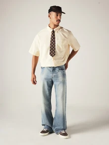 SUMWON Short Sleeve Cropped Button-Up Shirt With Point Collar And Chest Pocket In Smooth Woven Fabric Summer Essential - Khaki - View 3