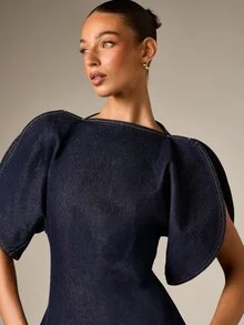 AiiRZ Structured Denim Puff Sleeve Blouse With High Neck Back Zipper And Asymmetric Hem Perfect For Spring Outings And Evening Events - Dark Wash - View 5