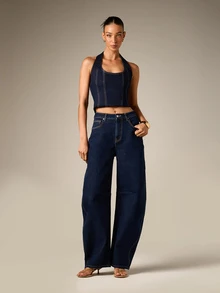 AiiRZ Dark Wash Wide Leg Barrel Jeans With High Contrast Stitching Mid Rise Full Length Denim Pants Fall Winter Wardrobe Staple - Dark Wash - View 2