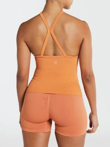 11SKNDS Ribbed Knit High Neck Racerback Sleeveless Tank Top Slim Fit Stretch Summer Essential Cropped Vest With Sweat-Wicking, Breathable, Quick-Dry & Buttery-Soft, For Gym Workout Fitness Yoga Pilates Studio, Running, Training & Hy-Rox - Red Orange - View 4