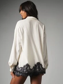 MISSGUIDED Oversized Button-Down Shirt With Contrast Black Lace Trim Hem Longline Collared Top Elegant Evening Party Spring Summer - Apricot - View 2