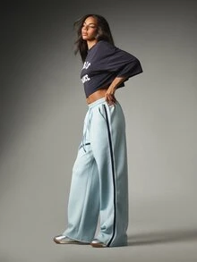 MISSGUIDED 寬腿慢跑褲 海軍藍側條紋細節 抽繩彈性腰 全長休閒闊腿長褲 春夏款 - 藍色 - 查看 4