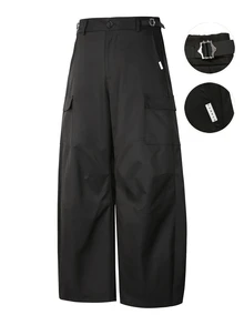 SUMWON Wide Leg Cargo Pants With Side Buckle Straps Flap Pockets And High Waist For Casual Everyday Streetwear Fall Winter - Black - View 1