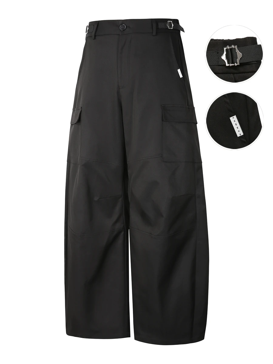 SUMWON Wide Leg Cargo Pants With Side Buckle Straps Flap Pockets And High Waist For Casual Everyday Streetwear Fall Winter - Black - View 1