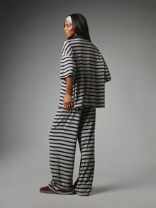 MISSGUIDED Oversized Striped Polo Co-Ord Set Wide Leg Trousers Collared Short Sleeve Two-Piece Summer Casual Outfit - Multicolor - View 3