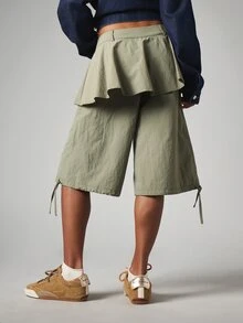 MISSGUIDED Wide Leg Bermuda Shorts With Peplum Ruffle Overlay Side Drawstring Hem Mid Rise Casual Summer Festival Shorts - Olive Green - View 3