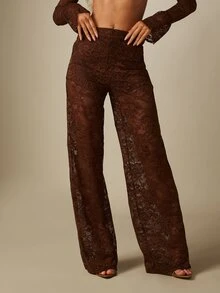 MISSGUIDED Sheer Floral Lace Wide Leg Palazzo Pants High Rise Full Length Evening Party Holiday Occasion Elegant Trousers - Coffee Brown - View 1