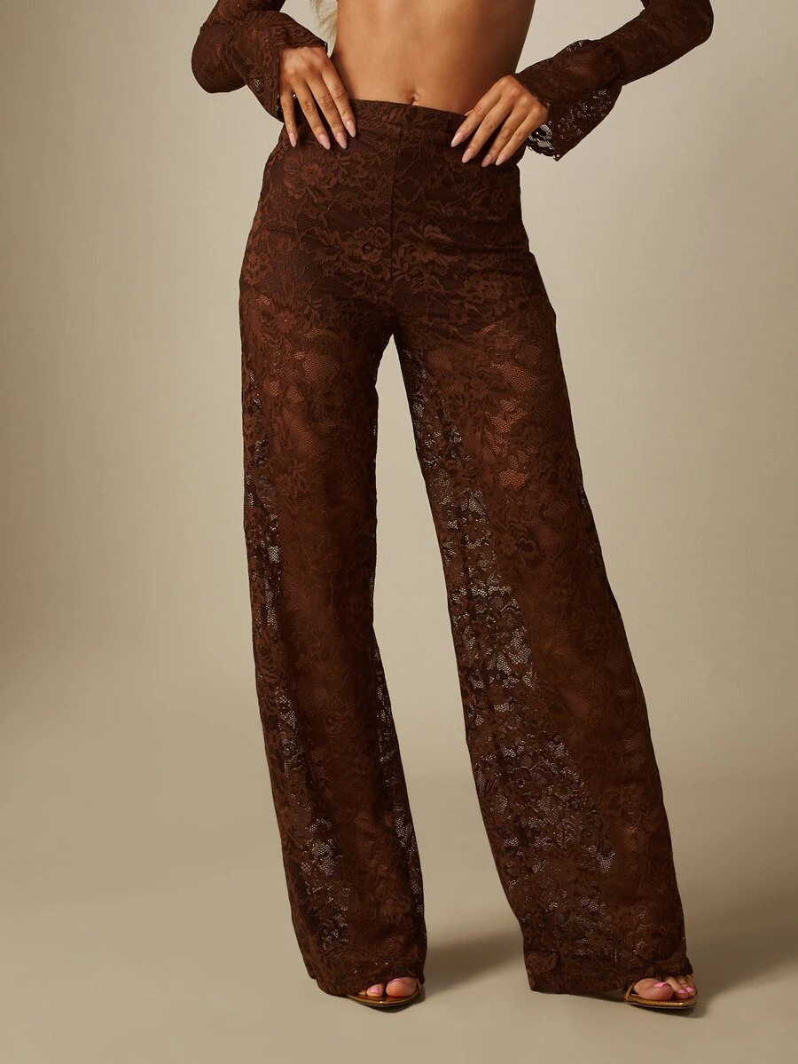 MISSGUIDED Sheer Floral Lace Wide Leg Palazzo Pants High Rise Full Length Evening Party Holiday Occasion Elegant Trousers - Coffee Brown - View 1