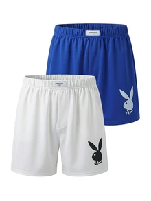 PLAYBOY X SUMWON 2 عبوة شورتات بوكسر مطبوعة بشعار الأرنب بخصر مطاطي للاسترخاء، قصيرة كاجوال صيفية بقصة فضفاضة - متعدد الألوان - مشاهدة 1