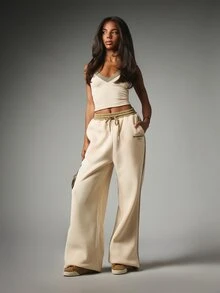 MISSGUIDED Wide Leg Jogger Pants With Contrast Olive Waistband Side Stripe And Washington D.C. Thigh Print Drawstring Waist - Beige - View 3
