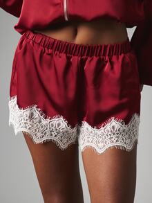 MISSGUIDED Satin Co-Ord Set Cropped Zip Neck Puff Sleeve Jacket And Lace Trim Mini Shorts Two Piece Luxury Loungewear Holiday Party Outfit - Red - View 6