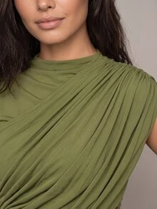 QUIZ Olive Green High Neck Cap Sleeve Draped Contrast Panel Crop Top, Women's Y2K Party Top, Special Occasion Top, Weekend Top, Summer Tops For Women, Summer Outfits For Women, Vacation Outfits Women - Olive Green - View 8