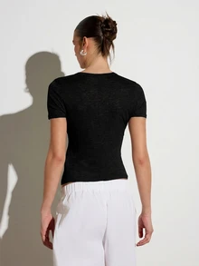 KSTM Sheer Linen Feel Button Down Short Sleeve Fitted Top With Round Neckline And Full Button Front Closure - Black - View 5