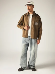 SUMWON Oversized Zip-Up Harrington Jacket With Point Collar Chest Pocket And Monogram Logo Embroidery For Fall Winter Casual Streetwear - Brown - View 3