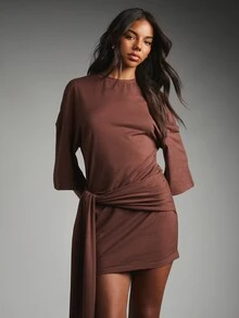 MISSGUIDED Chocolate Brown T-Shirt Mini Dress With Bell Sleeves Cinched Tie Waist Detail Crew Neck Ruched Bodycon Skirt Fall Winter Party - Brown - View 4