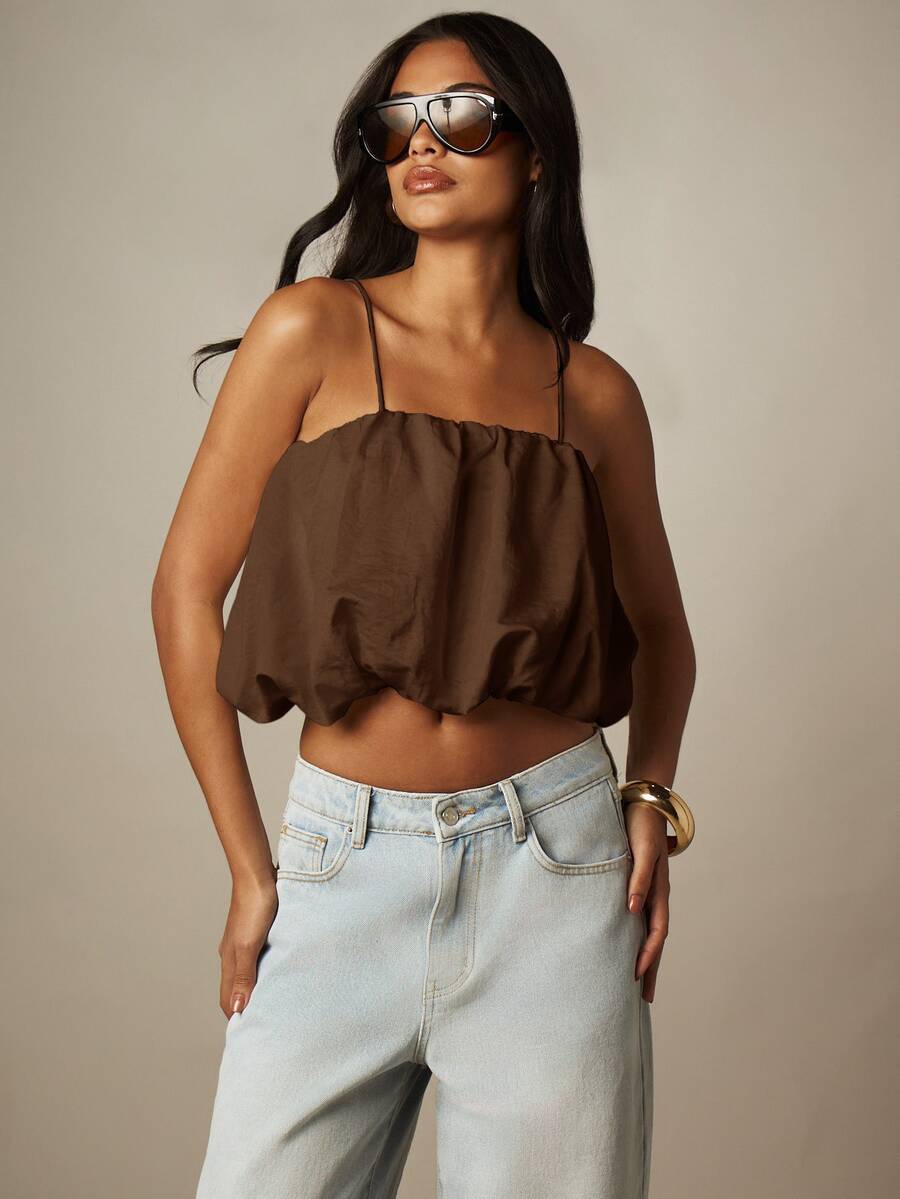 MISSGUIDED 泡泡下擺短版細肩帶背心上衣,抓皺領口,夏季音樂節度假風 - 棕色 - 查看 1