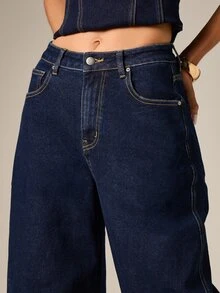 AiiRZ Dark Wash Wide Leg Barrel Jeans With High Contrast Stitching Mid Rise Full Length Denim Pants Fall Winter Wardrobe Staple - Dark Wash - View 4