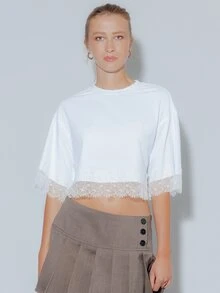 Pimkie Edition Women's T-Shirt Lace Hem, Short Sleeve Regular Fit, Casual Style, Daily Wear - White - View 3