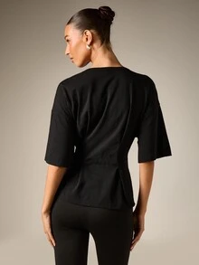 AiiRZ Chain Trim Scoop Neck T-Shirt With Ruched Waist Detail And Elbow Length Boxy Sleeves Casual Everyday Top - Black - View 3