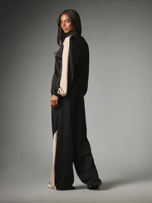 MISSGUIDED Color Block Full-Zip Track Top And Wide-Leg Pants Co-Ord Set With Contrast Beige Side Panels And Elasticated Cuffs - Black - View 2