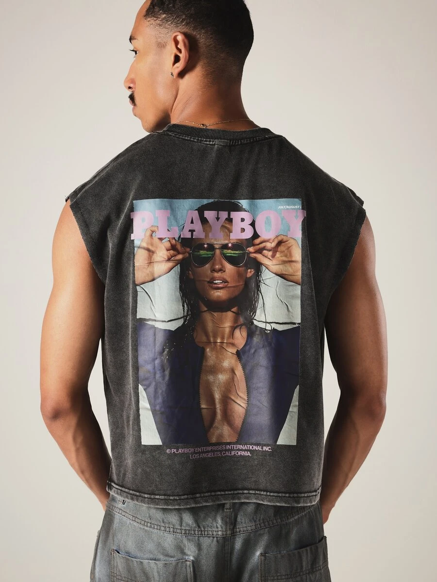 PLAYBOY X SUMWON Acid Washed Sleeveless Muscle Tee With Magazine Cover Back Graphic Print Boxy Crop Fit Summer Festival Top - Black - View 1