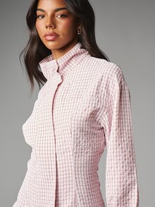 MISSGUIDED 格紋迷你襯衫洋裝 高領長泡泡袖 前隱藏鈕扣 泡泡紋梭織面料 春夏場合日常穿著 - 粉色 - 查看 5