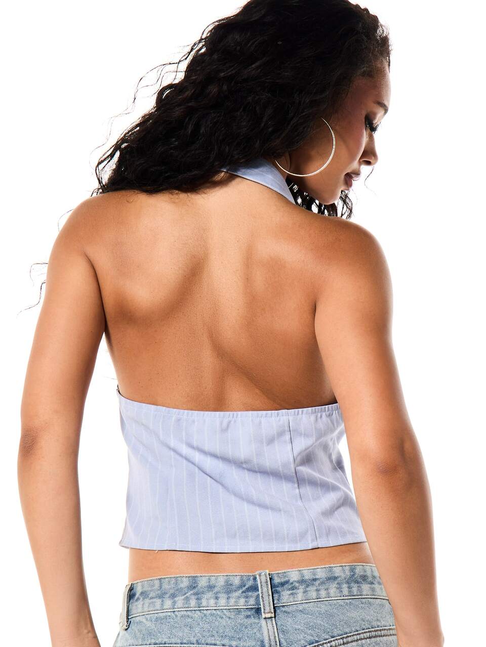 SUMWON WOMEN Nadelstreifen-Halterneck-Korsett-Crop-Top mit Kragen, tiefem V-Ausschnitt, offenem Rücken, strukturierter Stützstäbe-Einsätzen, Sommer-Ausgeh-Stil