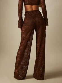 MISSGUIDED Sheer Floral Lace Wide Leg Palazzo Pants High Rise Full Length Evening Party Holiday Occasion Elegant Trousers - Coffee Brown - View 2