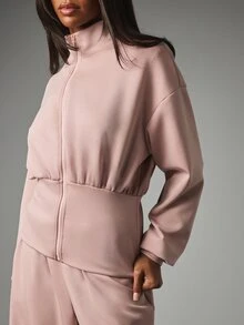 MISSGUIDED 全拉鍊短版運動衫，假領設計，寬鬆長袖，彈性下擺細節，春季休閒外套 - 藕粉色 - 查看 4