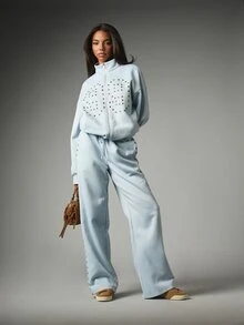 MISSGUIDED Oversized Full Zip Sweatshirt With Gold Metal Eyelet Embellishment High Neck Long Sleeve Casual Fleece Jacket Spring Style - Baby Blue - View 3